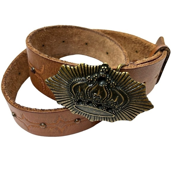 OLGA SANTINI Belt Vintage Tooled Leather Metal Crown Buckle Y2K 90s Style Medium main image 10
